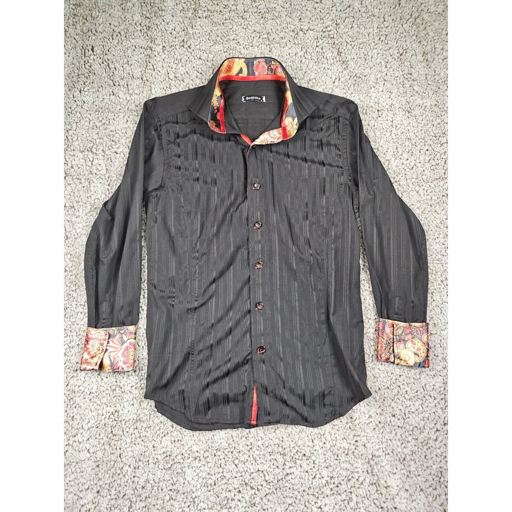 Bespoke Black & Paisley Flip Cuff and Collar Dress Shirt - Size S